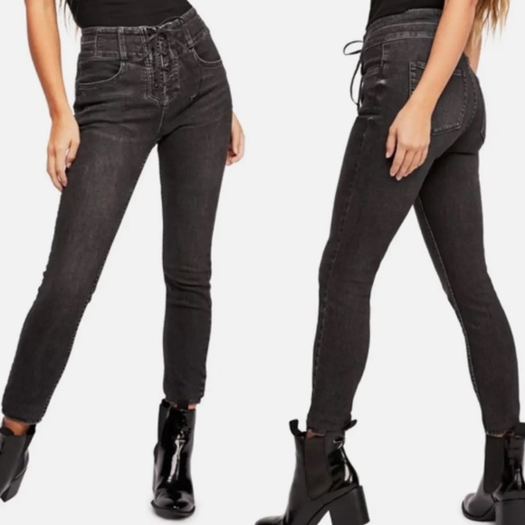 We The Free People Curvy Lovers Knot Black High Waist Lace Up Skinny Jeans 25 - Picture 2 of 12